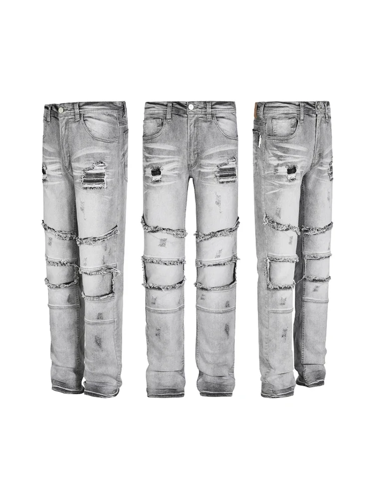 

R69 Wash Vintage Raw Jeans for Men Hip Hop Cargo Jeans Y2k Men’s Jeans Heavyweight Denim Gray Black