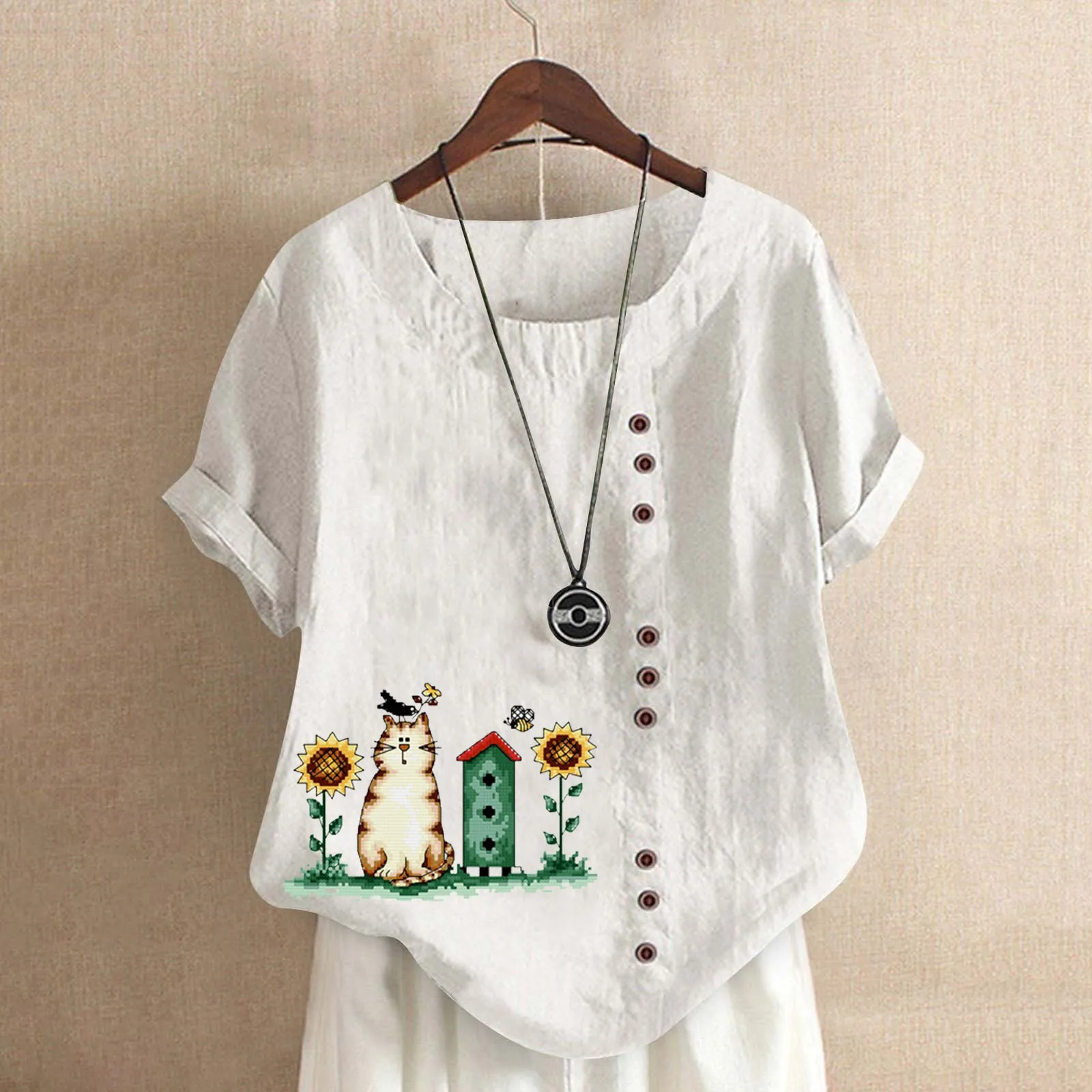 Summer Womens Short Sleeve Printed Crew Neck Short Sleeve Hem Slit T Shirt Button Decoration Slim Shirt Top Shirt Under 10
Summer Womens Short Sleeve Printed Crew Neck Short Sleeve Hem Slit T Shirt Button Decoration Slim Shirt Top Shirt Under 10