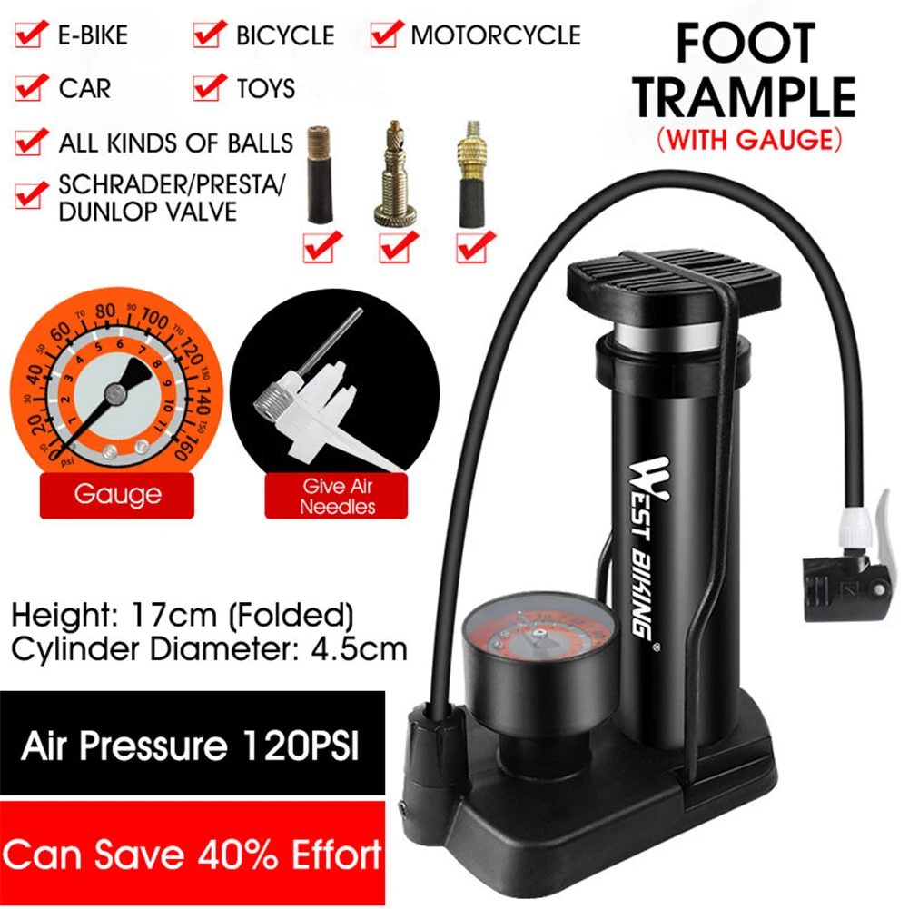 5.3*6.7'' 120PSI Mini Bike Foot Pump MAX Tire Pumps With Gauge Presta Schrader Valve With Needle For Road Mountain Bicycle Pump
5.3*6.7'' 120PSI Mini Bike Foot Pump MAX Tire Pumps With Gauge Presta Schrader Valve With Needle For Road Mountain Bicycle Pump