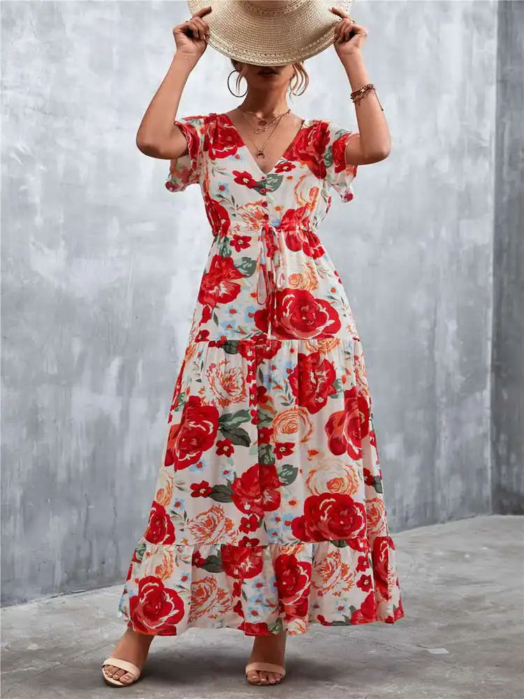 Boho Maxi Dress Women Summer V Neck Floral Print Lace Up Button Long Dresses Fashion Short Sleeve Ruffles Beach Vestido Feminino
Boho Maxi Dress Women Summer V Neck Floral Print Lace Up Button Long Dresses Fashion Short Sleeve Ruffles Beach Vestido Feminino