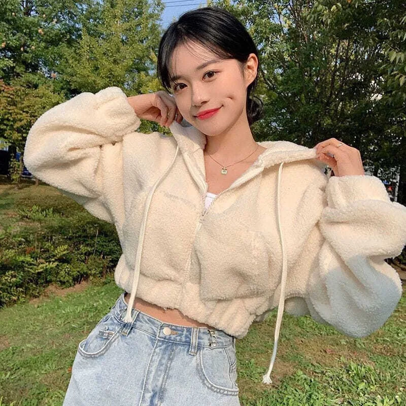 Solid Color Lamb Cashmere Cardigan Sweater for Women Crop Sweatshirts Autumn Winter Hooded Korean Fashion Zip Up Jacket Y2k
Solid Color Lamb Cashmere Cardigan Sweater for Women Crop Sweatshirts Autumn Winter Hooded Korean Fashion Zip Up Jacket Y2k