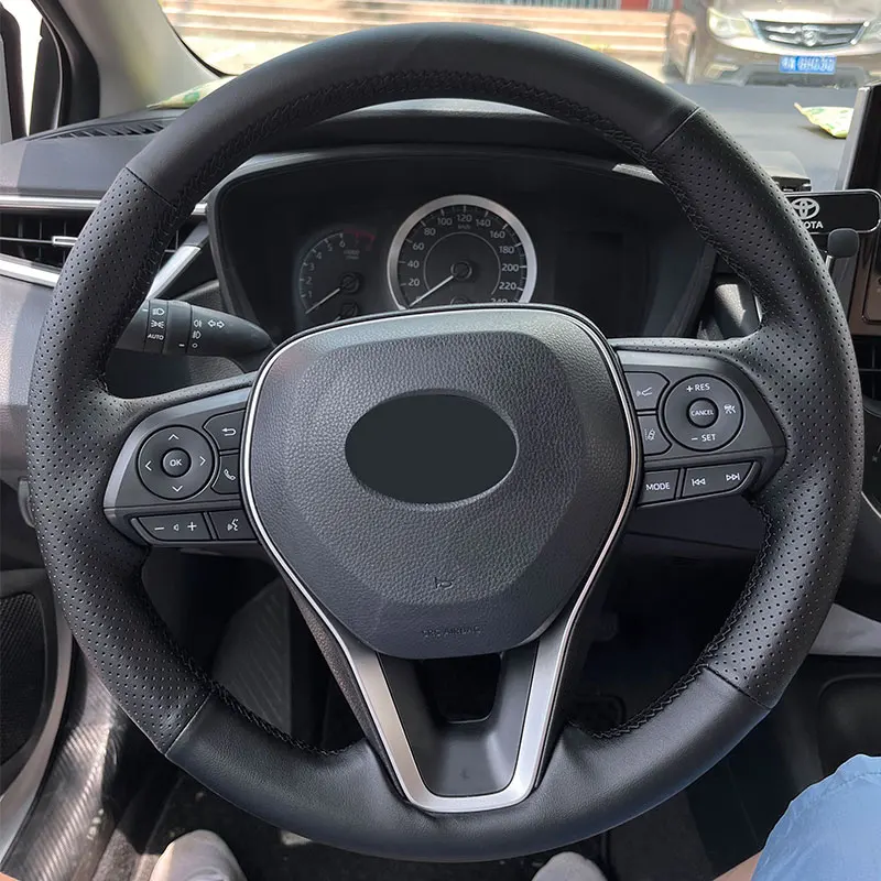 

Чехол рулевого колеса автомобиля для Toyota Corolla RAV4 Avalon Camry 2019-2022, черная перфорированная кожа из микрофибры с иглами и ниткой