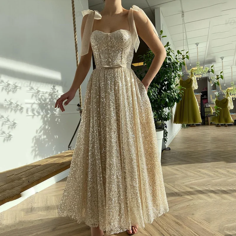 

Champagne Long Prom Dress Sweetheart Sheer Straps Sequined lace Glitter Celebrate Dress Elegant Lace Up Arab Evening 2022