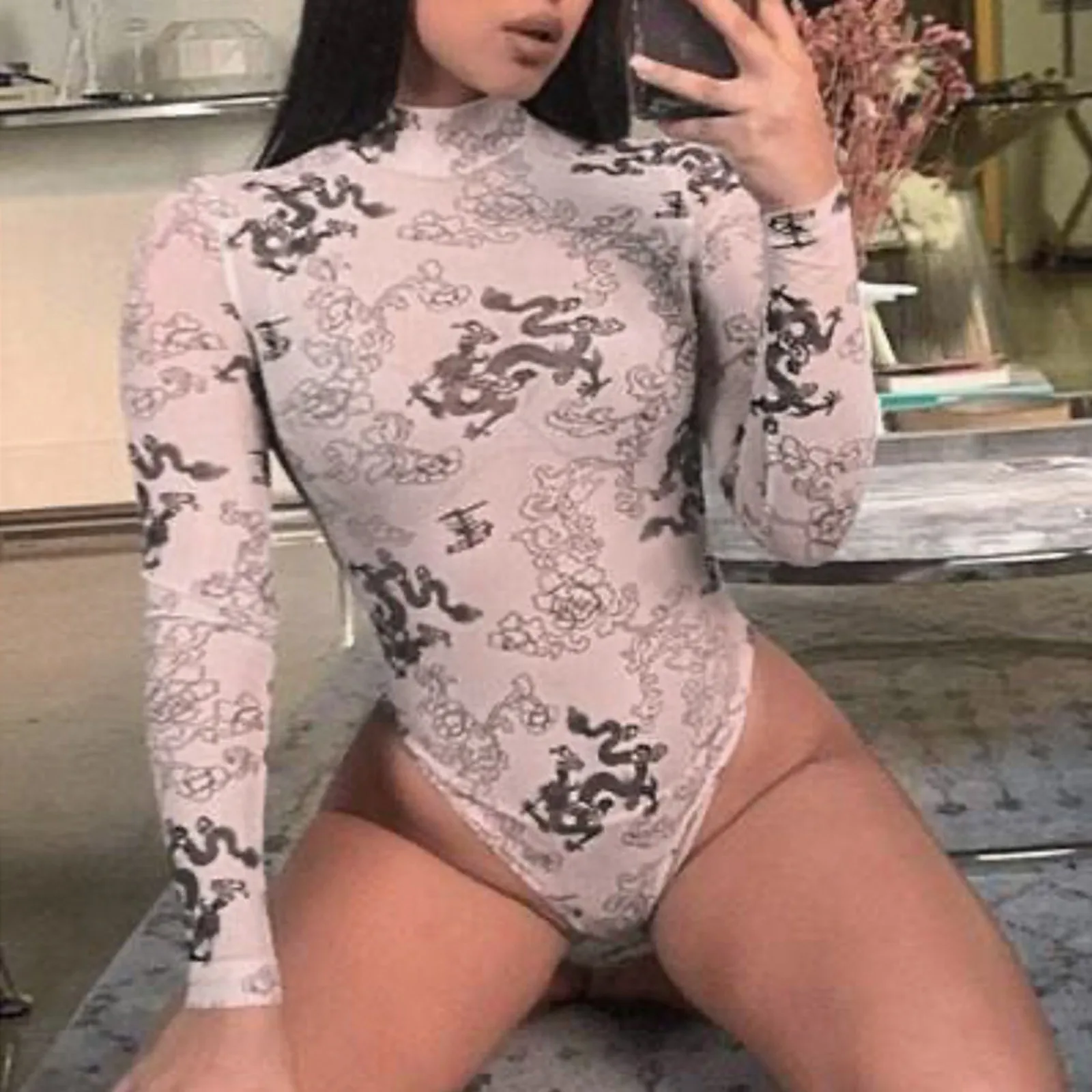 Long-Sleeved Sexy Jumpsuit See-Through Bottoming Printing Women's Women's Jumpsuit 
Long-Sleeved Sexy Jumpsuit See-Through Bottoming Printing Women's Women's Jumpsuit