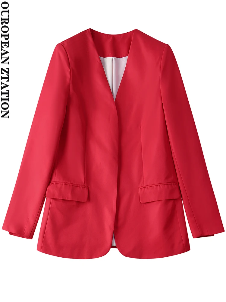 

PAILETE Women 2022 fashion lapelless fitted blazer coat vintage long sleeve flap pockets female outerwear chic veste femme