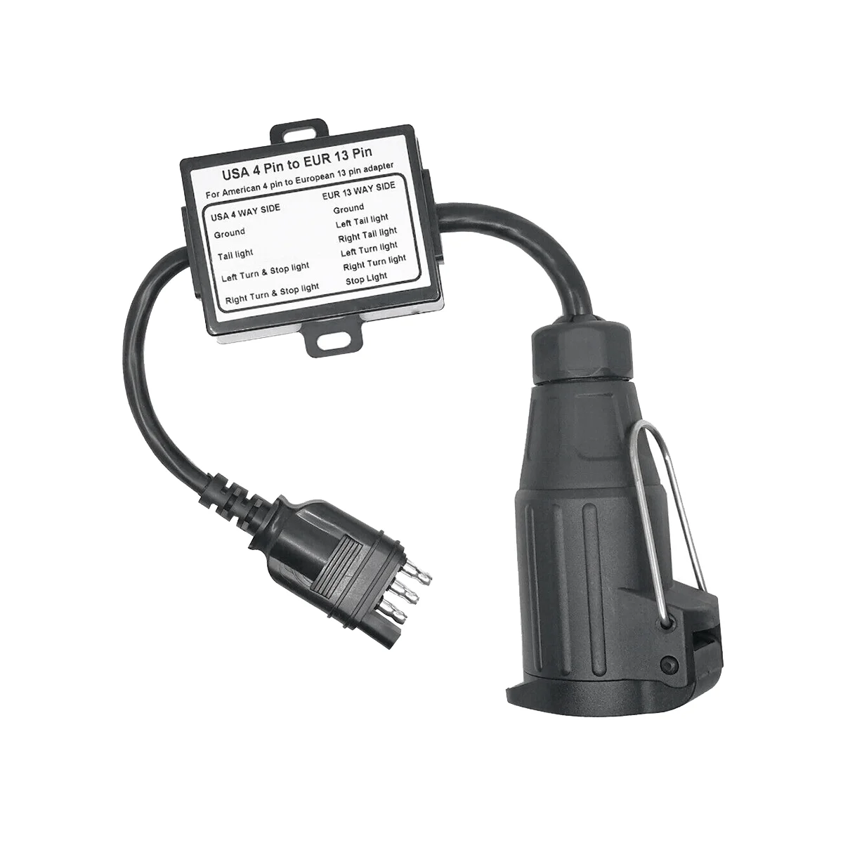 US to EU Trailer Light Converter for US Cars 4-Pin Flat Plug Socket to European Trailer 13-Pin Round Plug
US to EU Trailer Light Converter for US Cars 4-Pin Flat Plug Socket to European Trailer 13-Pin Round Plug