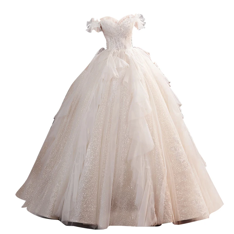 Princess Temperament off-Shoulder Lace Handmade Flowers Dress Bride Star Wedding Dress 
Princess Temperament off-Shoulder Lace Handmade Flowers Dress Bride Star Wedding Dress