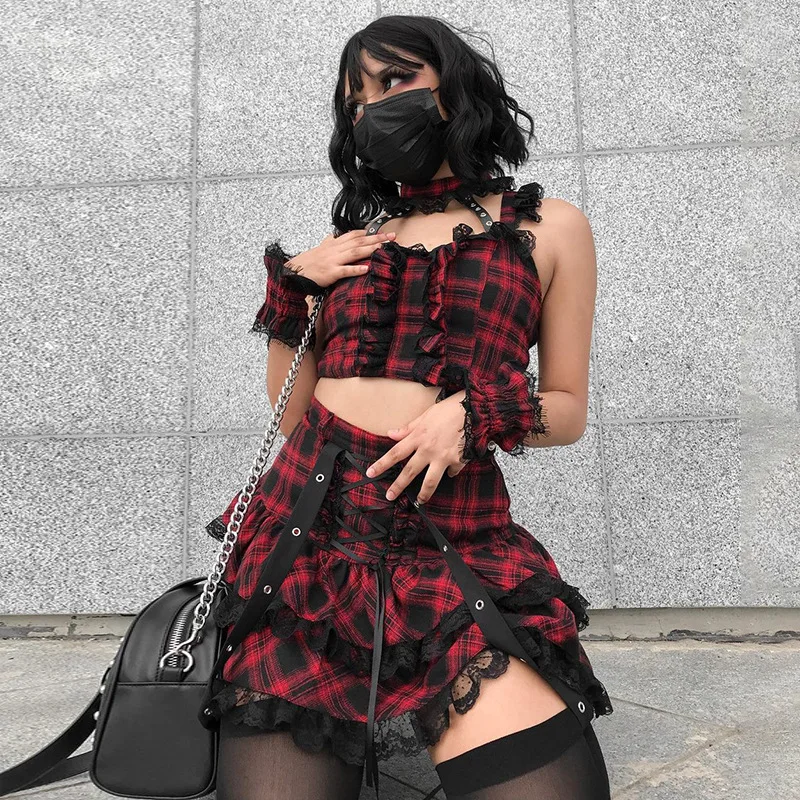 Gothic Plaid Lace Up Y2K Skirt Top Suit Women Sexy Lace Crop Top High Waist Short Skirt Streetwear Punk Grunge 2 Pieces Sets
Gothic Plaid Lace Up Y2K Skirt Top Suit Women Sexy Lace Crop Top High Waist Short Skirt Streetwear Punk Grunge 2 Pieces Sets