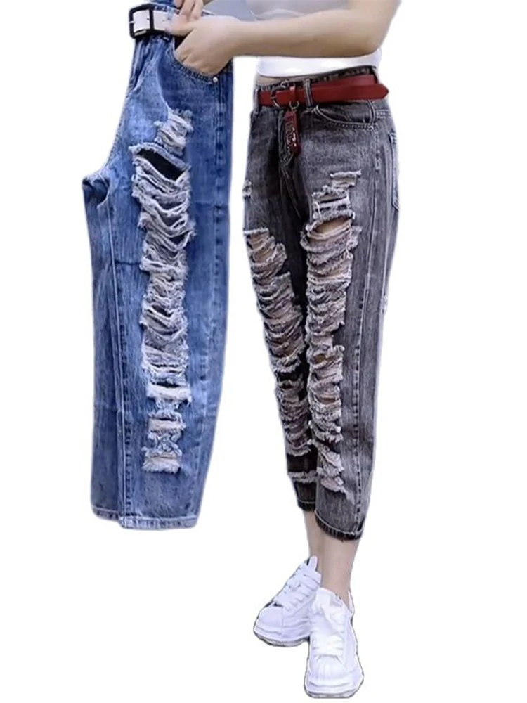 Spring Summer Calf-Length Pants Women's High Waisted Skinny Destroyed Ripped Hole Pants Loose Hip-hop Streetwear Jeans
Spring Summer Calf-Length Pants Women's High Waisted Skinny Destroyed Ripped Hole Pants Loose Hip-hop Streetwear Jeans