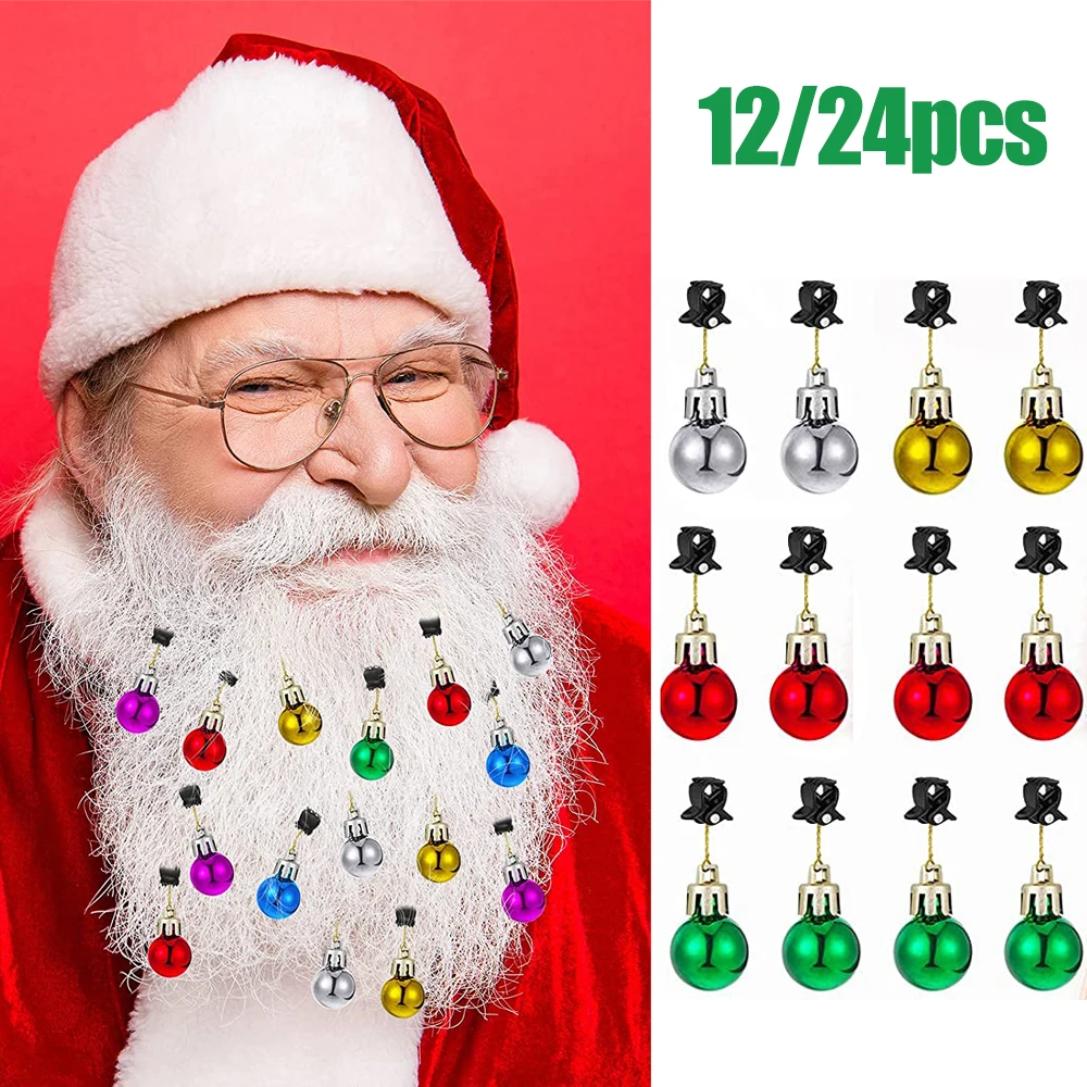 

12/24Pcs Christmas Beard Ornaments Colorful Ball Santa Claus Facial Hair Baubles Bulb Bells Clip Christmas Hairpins Accessory