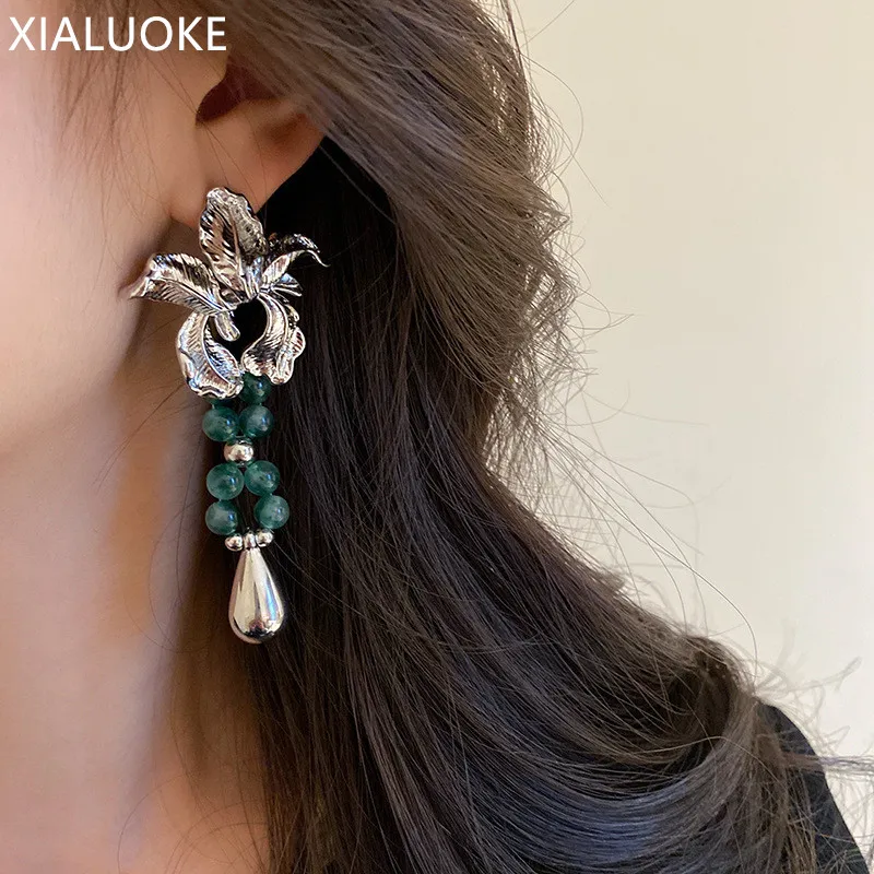 

XIALUOKE Vintage Hyperbole Metal Leaves Green Stone Beads Drop Earrings For Women Punk Jewelry Accessories