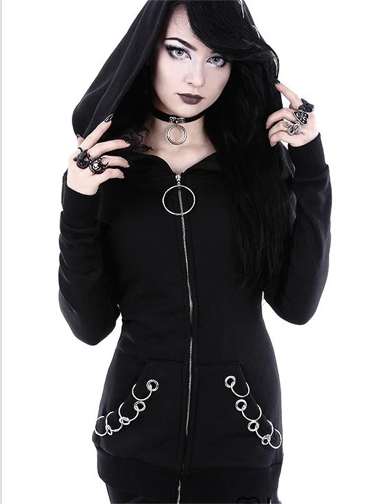 2023 New Retro Women Punk Hoodie Sweatshirt Autumn Long Sleeve Iron Ring Hooded Zipper Jackets Casual Black Tops Female Clothes
2023 New Retro Women Punk Hoodie Sweatshirt Autumn Long Sleeve Iron Ring Hooded Zipper Jackets Casual Black Tops Female Clothes