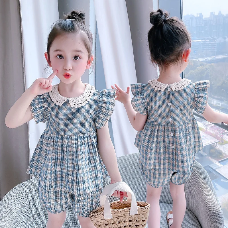 2023 New Summer Girl Plaid Dress Suit Lace Lapel Doll Shirt and Shorts Kids Party Fashion Elegant Clothes for Girls
2023 New Summer Girl Plaid Dress Suit Lace Lapel Doll Shirt and Shorts Kids Party Fashion Elegant Clothes for Girls
