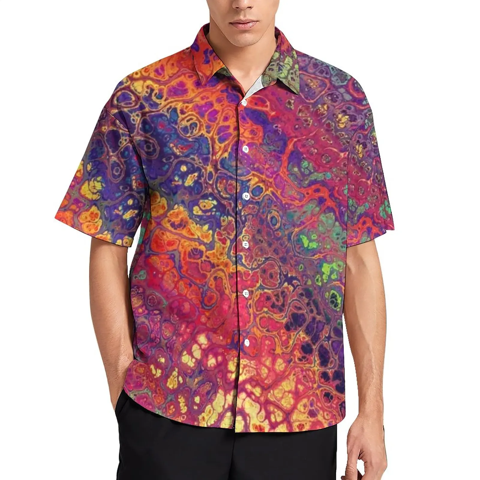

Marble Paint Splatter Casual Shirt Trippy Rainbow Print Beach Loose Shirt Vintage Blouses Short Sleeve Design Oversized Tops