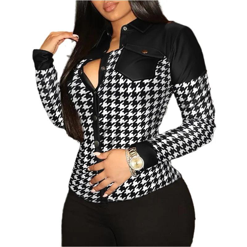 Spring Women's Shirts Tops Casual Paid Printing Blouses V-neck Button Pocket PU Leather Female Shirt
Spring Women's Shirts Tops Casual Paid Printing Blouses V-neck Button Pocket PU Leather Female Shirt