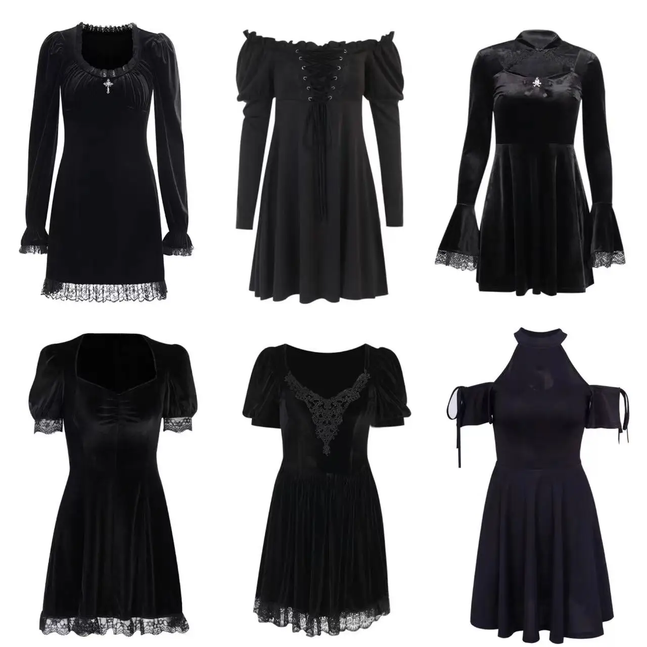 【Six Styles】Vintage Velvet Lace Flare Sleeve Black Dress Women Harajuku A LINE Punk Dress Hollow Out Elegant Coquette Partywear
【Six Styles】Vintage Velvet Lace Flare Sleeve Black Dress Women Harajuku A LINE Punk Dress Hollow Out Elegant Coquette Partywear