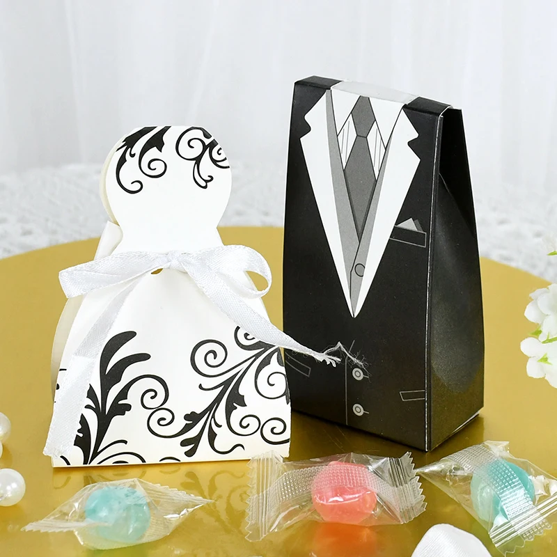 

20Pcs Bride And Groom Tuxedo Dresses Candy Box Wedding Favor Chocolate Box Bag For Guests Wedding Bride Party Gift Packing Decor