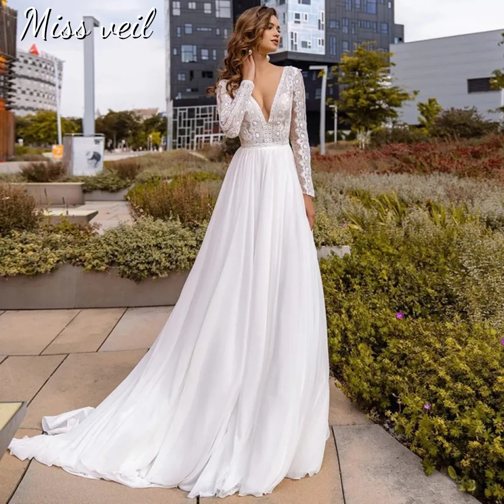 Miss Veil Deep V-Neck Wedding Dress Long Sleeve Chiffon Beach A-Line Bridal Gown Lace Appliques Backless Train Vestido De Novia
Miss Veil Deep V-Neck Wedding Dress Long Sleeve Chiffon Beach A-Line Bridal Gown Lace Appliques Backless Train Vestido De Novia