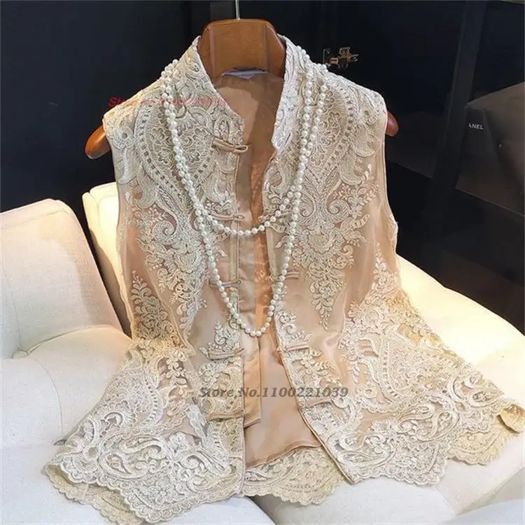 

2023 ethnic gilet national flower embroidery women traditional vintage waistcoat chinese style tang suit oriental lace vest