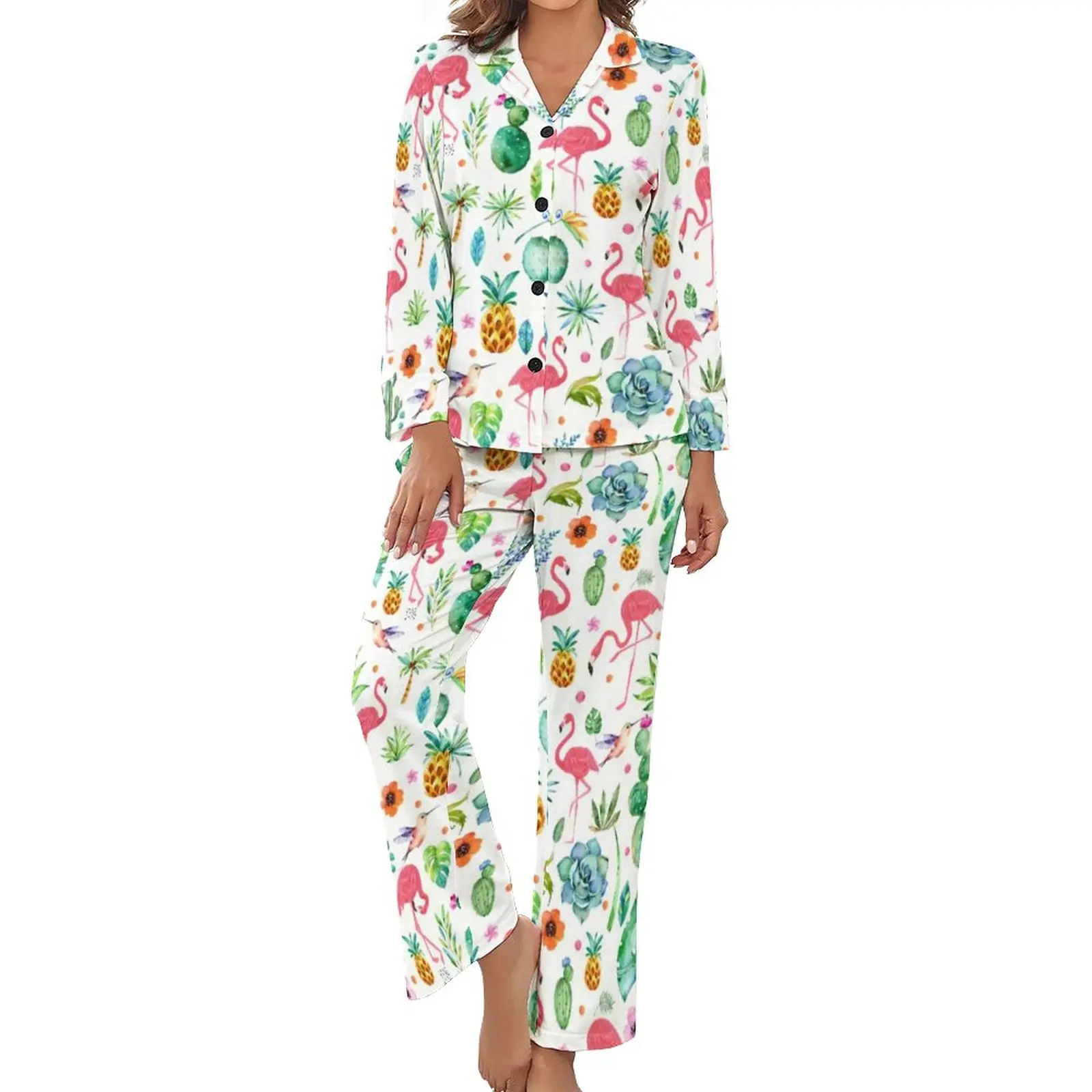 Flamingos Pajamas Long-Sleeve Tropical Flower Fruit Bird Print 2 Pieces Sleep Pajama Sets Women V Neck Fashion Sleepwear
Flamingos Pajamas Long-Sleeve Tropical Flower Fruit Bird Print 2 Pieces Sleep Pajama Sets Women V Neck Fashion Sleepwear