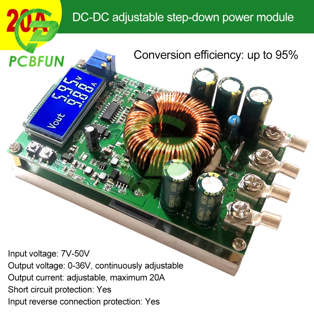 20A DC DC Adjustable Step-down Power Supply Module 7V-50V to 0-36V Regulated LCD Screen Voltage and Current Dual Display
20A DC DC Adjustable Step-down Power Supply Module 7V-50V to 0-36V Regulated LCD Screen Voltage and Current Dual Display