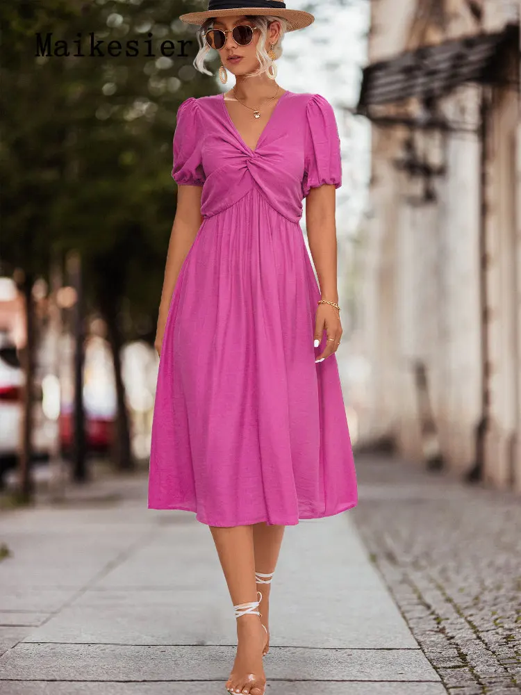 New V-neck Solid Color Commuter Short-sleeved Spring Summer Long Dresses Chic and Elegant Woman Dress Dresses for Women 2023
New V-neck Solid Color Commuter Short-sleeved Spring Summer Long Dresses Chic and Elegant Woman Dress Dresses for Women 2023