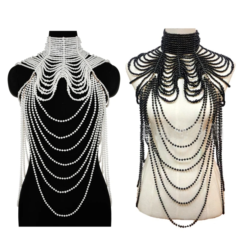 

Женское многослойное ожерелье-нагрудник с имитацией жемчуга, воротник, кисточка из бисера, искусственная кожа, цепочка на плечо,