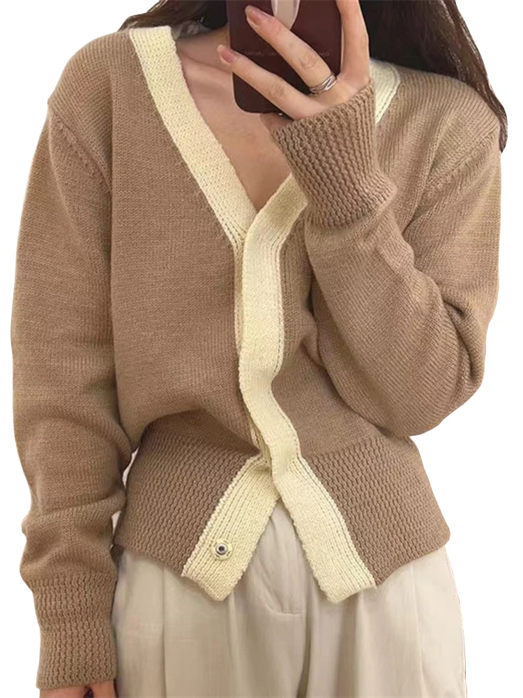 

Panelled Color V Neck Knitwear Cardigans Female Covered Button Sweater Coat y2k Tops Casual Knit Jumper Female Cardigan 2023