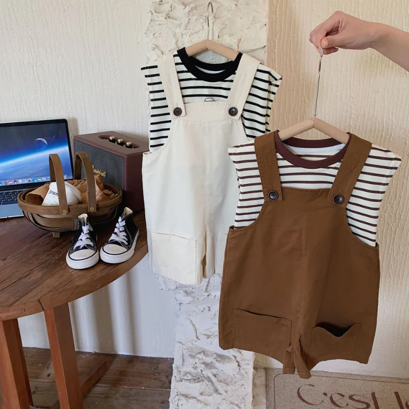 

Kids Overalls 2023 Summer Boys Solid Color Brief Overall Girls Loose All-match Suspenders Middle Pants