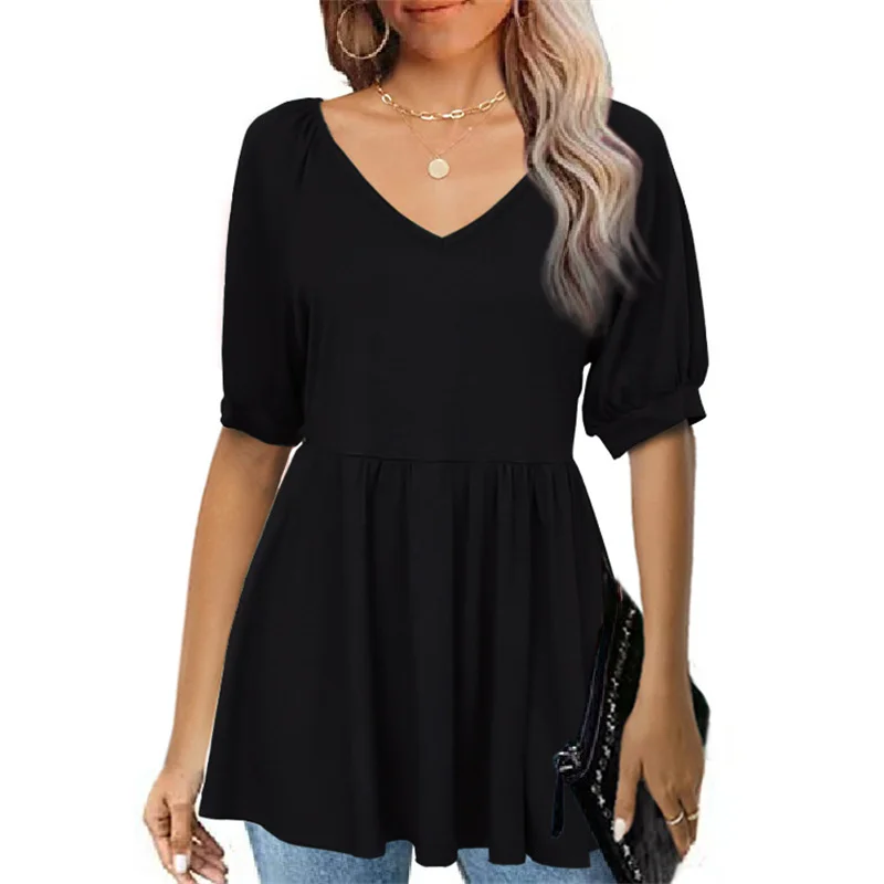 Bubble Short Sleeve Splicing Pleated Hem T-Shirt Fashion Women's V Neck Shrink Waist Tops Female Summer Solid Color Casual Tees
Bubble Short Sleeve Splicing Pleated Hem T-Shirt Fashion Women's V Neck Shrink Waist Tops Female Summer Solid Color Casual Tees