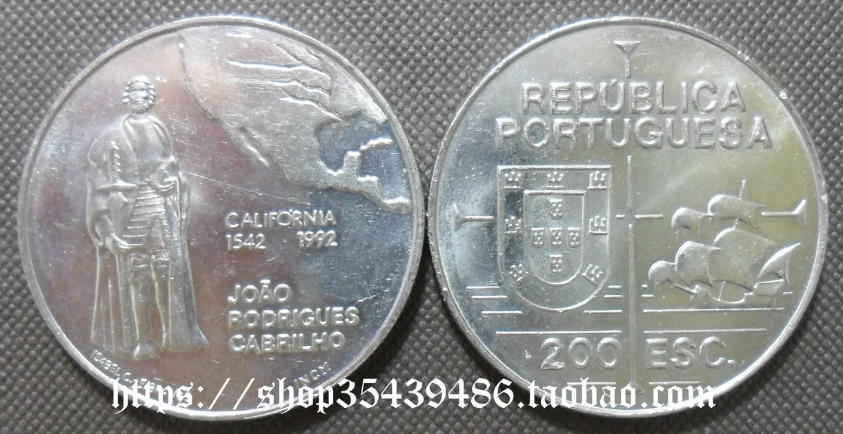 

Португальская Республика 1992 карта приземление бриода в Калифорнии 450 годовщина 200 эскудо памятные монеты оригинал
