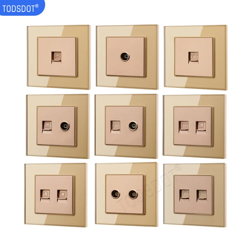 Premium Data Socket, RJ45 Cat6 Internet | Cable TV | RJ11 Tel | Satellite TV, Dual Plug, Gold Glass Panel 86*86 mm
Premium Data Socket, RJ45 Cat6 Internet | Cable TV | RJ11 Tel | Satellite TV, Dual Plug, Gold Glass Panel 86*86 mm