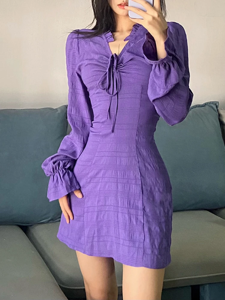 Dresses Women Purple High Waist Mini Dress Spring Autumn Fashion Smock Bandage Solid V Neck Flare Sleeve Dress Female Clothing
Dresses Women Purple High Waist Mini Dress Spring Autumn Fashion Smock Bandage Solid V Neck Flare Sleeve Dress Female Clothing