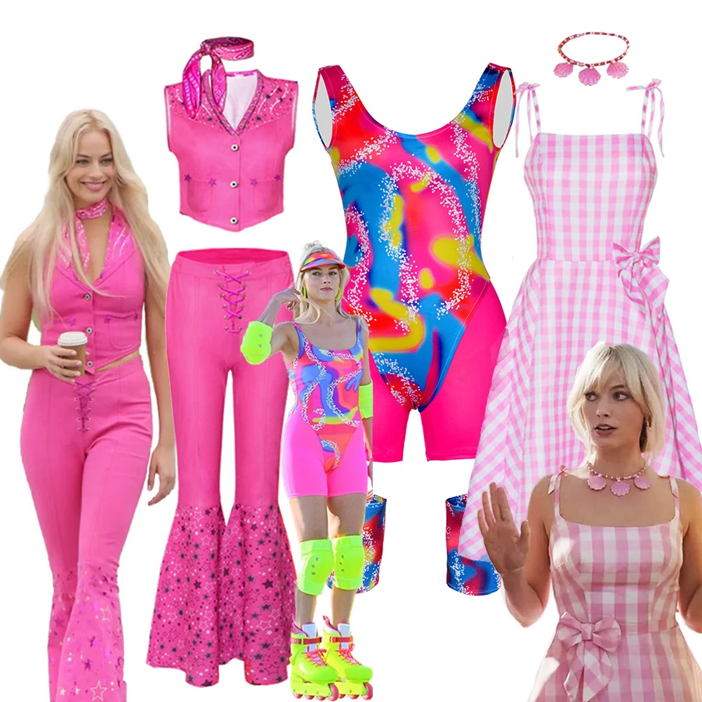 

Adult kids size Margot Robbie's Hot Starry Pink and Pants Set Bar Pink Cowgirl Live Action Movie Cosplay Costume for Women