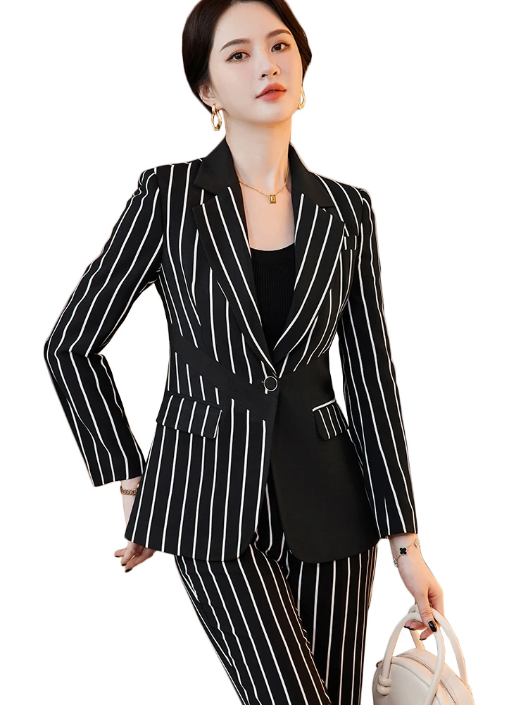 Black Striped Women Work Wear Formal Pant Suit Blazer Ladies Female Long Sleeve Slim Business Jacket Trouser 2 Piece Set
Black Striped Women Work Wear Formal Pant Suit Blazer Ladies Female Long Sleeve Slim Business Jacket Trouser 2 Piece Set