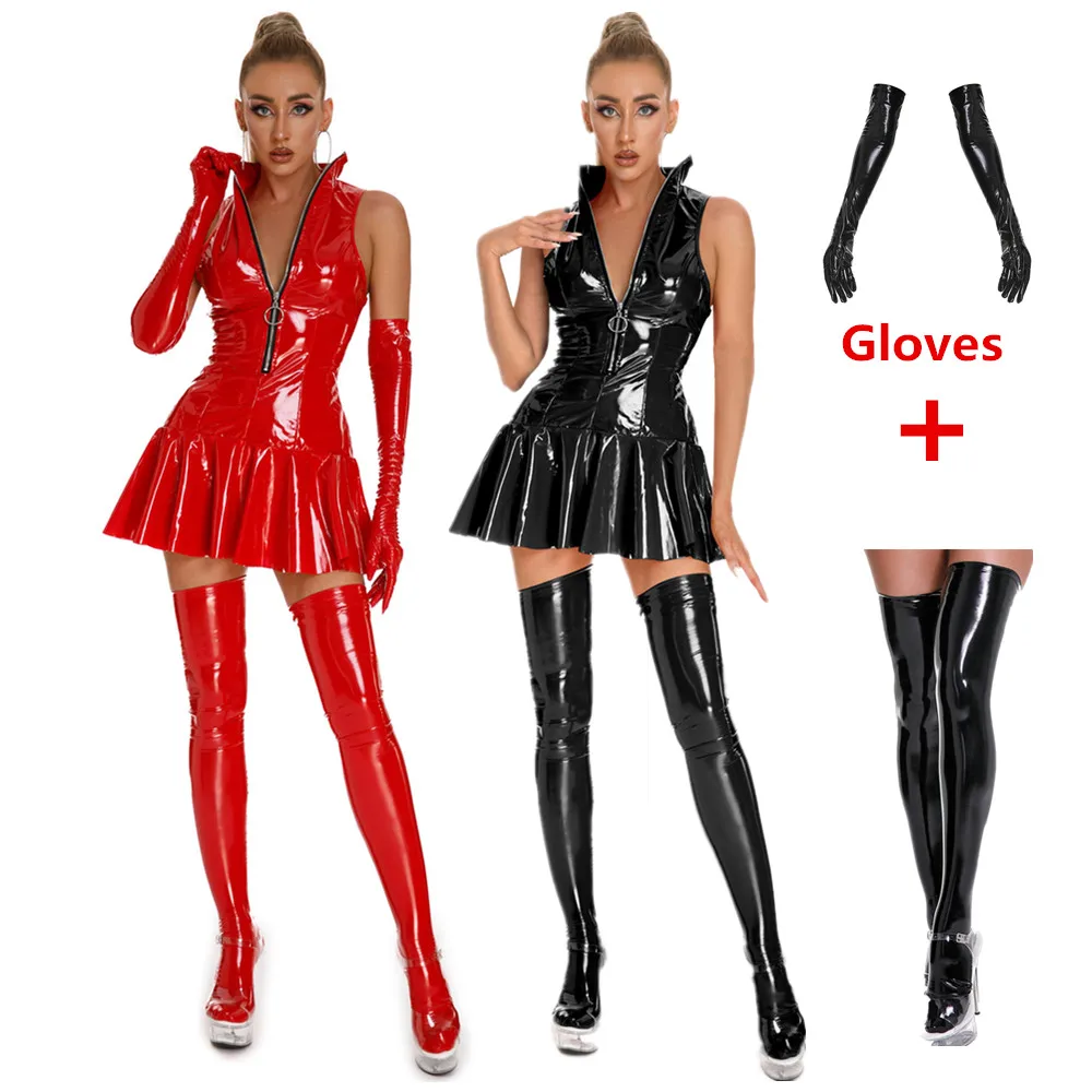Sexy Bodycon Pleated Latex Dress Women's Exotic Leather Dress Wet Look High Collar Sleeveless Bottom Flare Mini Dresses
Sexy Bodycon Pleated Latex Dress Women's Exotic Leather Dress Wet Look High Collar Sleeveless Bottom Flare Mini Dresses