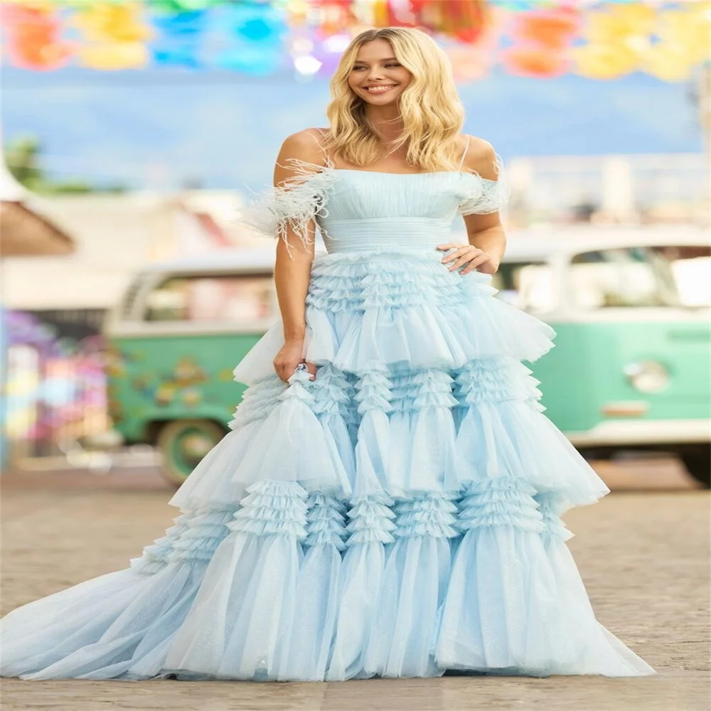 Tulle Pleated Bat Mitzvah Prom Dresses A-Line Tiered Under Dresses With Feather Halter Sleeves Women's Birthday Party Dresses
Tulle Pleated Bat Mitzvah Prom Dresses A-Line Tiered Under Dresses With Feather Halter Sleeves Women's Birthday Party Dresses