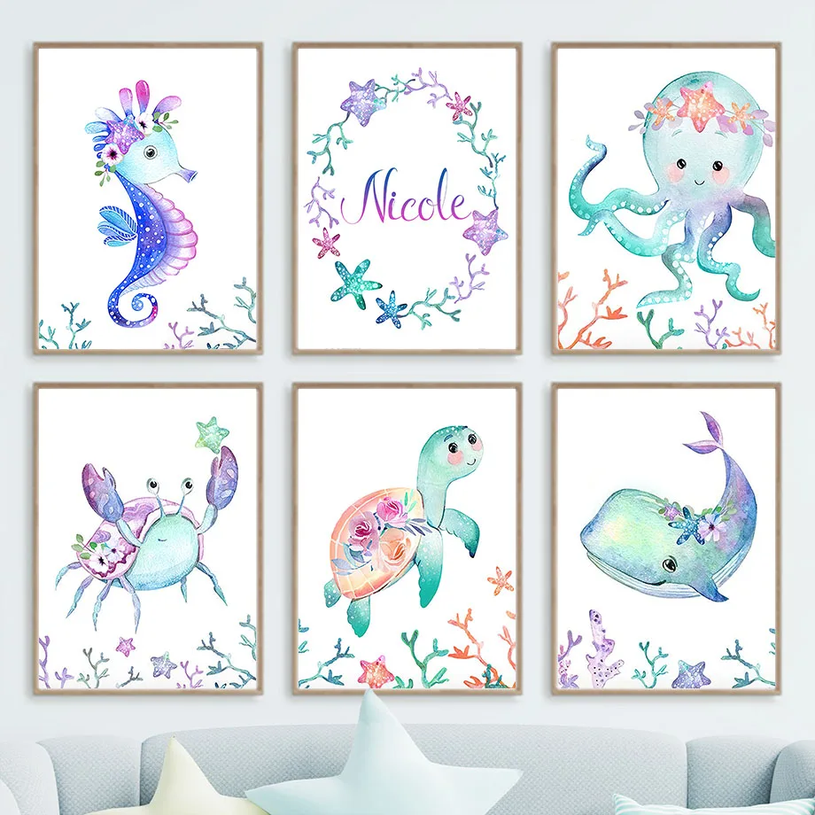 

Seahorse Whale Octopus Turtle Crab Dolphin Wall Art Canvas Painting Nordic Posters And Prints Wall Pictures For Kids Room Decor