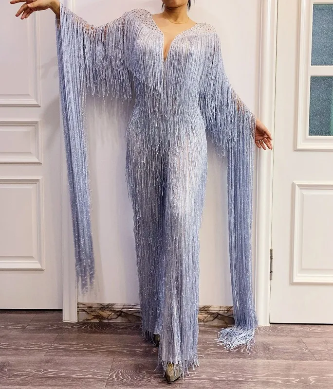Blue Color Tassel Fringe Women Jumpsuit Bodysuit Dance Leggings Singer Dancer Outfit Lady Clothing Rompers 
Blue Color Tassel Fringe Women Jumpsuit Bodysuit Dance Leggings Singer Dancer Outfit Lady Clothing Rompers