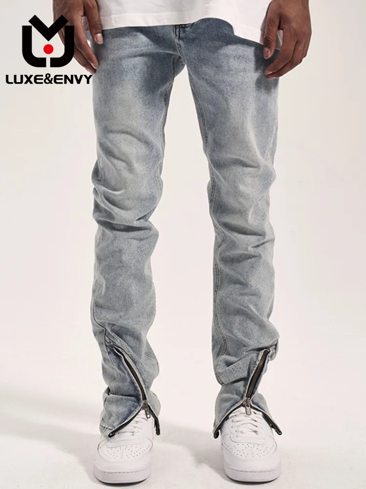 

LUXE&ENVY High Street Men's Curve Cut Pant Leg Front Open Zipper Trousers Retro Slim Stretch Jeans Spring Summer 2023 New