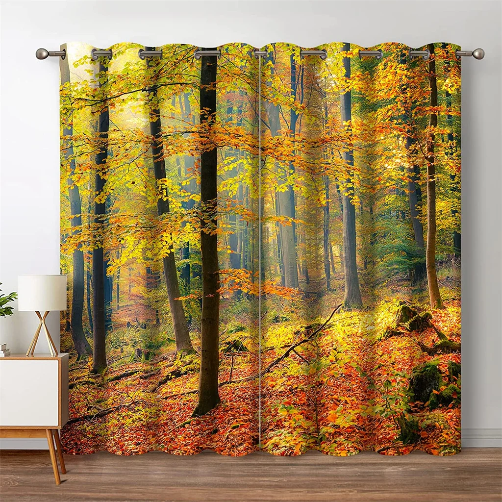

Forest Blackout Curtains Jungle Tree Nature Scenery Window Curtain Living Room Bedroom Waterfall Left and Right Biparting Open