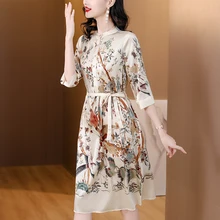 Spring Fashion Short Sleeve Silk Printed Dress For Women 2023 New Silk Round Neck Loose Fit Casual Holiday Dress Vestidos