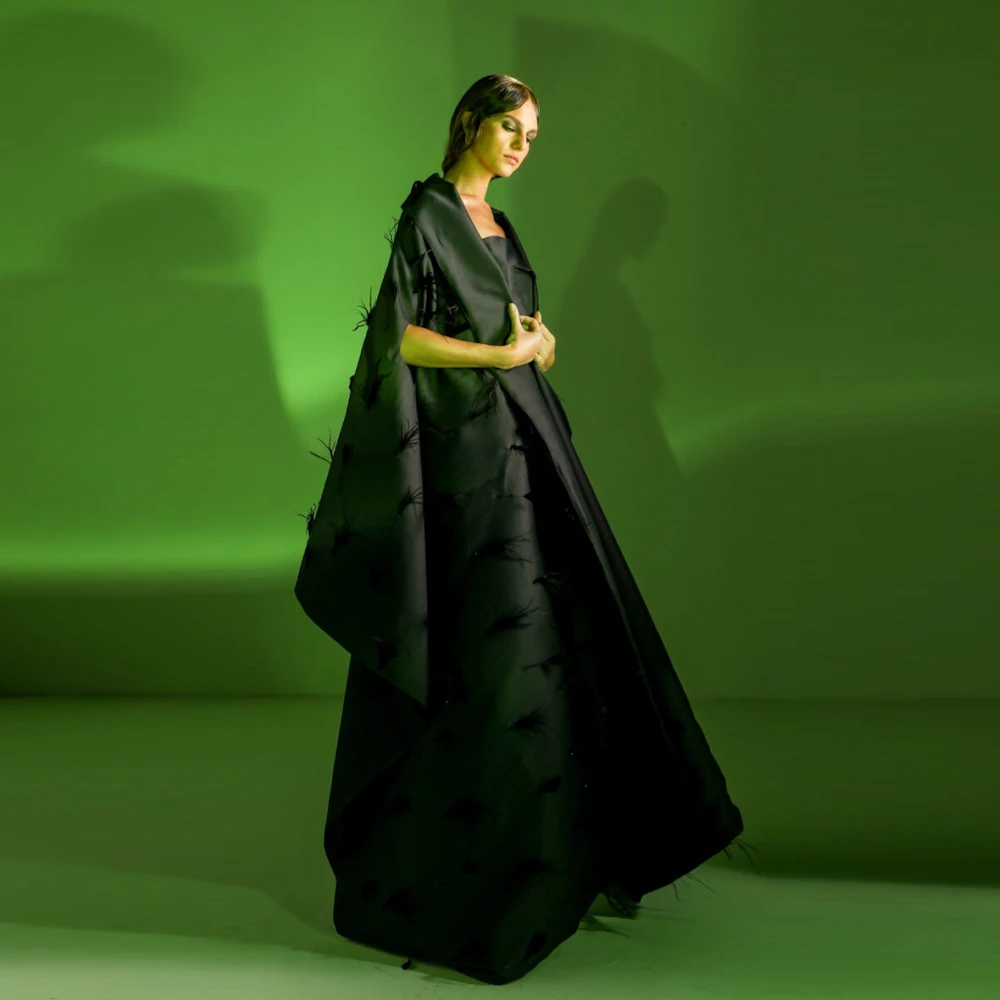 Muloong Black Strapless Women Evening Dresses Floor Length A Line Prom Gown Feathers Shawl 2023 فستان سهرة نسائي
Muloong Black Strapless Women Evening Dresses Floor Length A Line Prom Gown Feathers Shawl 2023 فستان سهرة نسائي