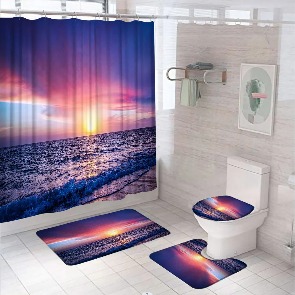 

Tropical Ocean Shower Curtain Set Sea Waves Sunrise Sunset Purple Beach Scenery Bathroom Curtains With Bath Mat Rug Toilet Cover