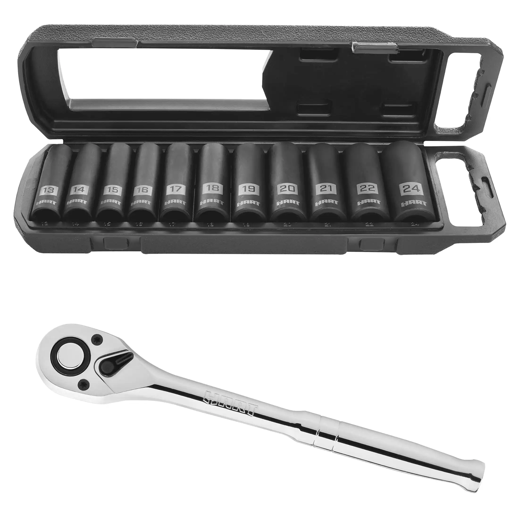 90-Tooth 1/2-inch Drive Ratchet, Chrome Vanadium Steel and 11- Piece 1/2-inch Drive MM Impact Socket Set, Chrome Vanadium
90-Tooth 1/2-inch Drive Ratchet, Chrome Vanadium Steel and 11- Piece 1/2-inch Drive MM Impact Socket Set, Chrome Vanadium