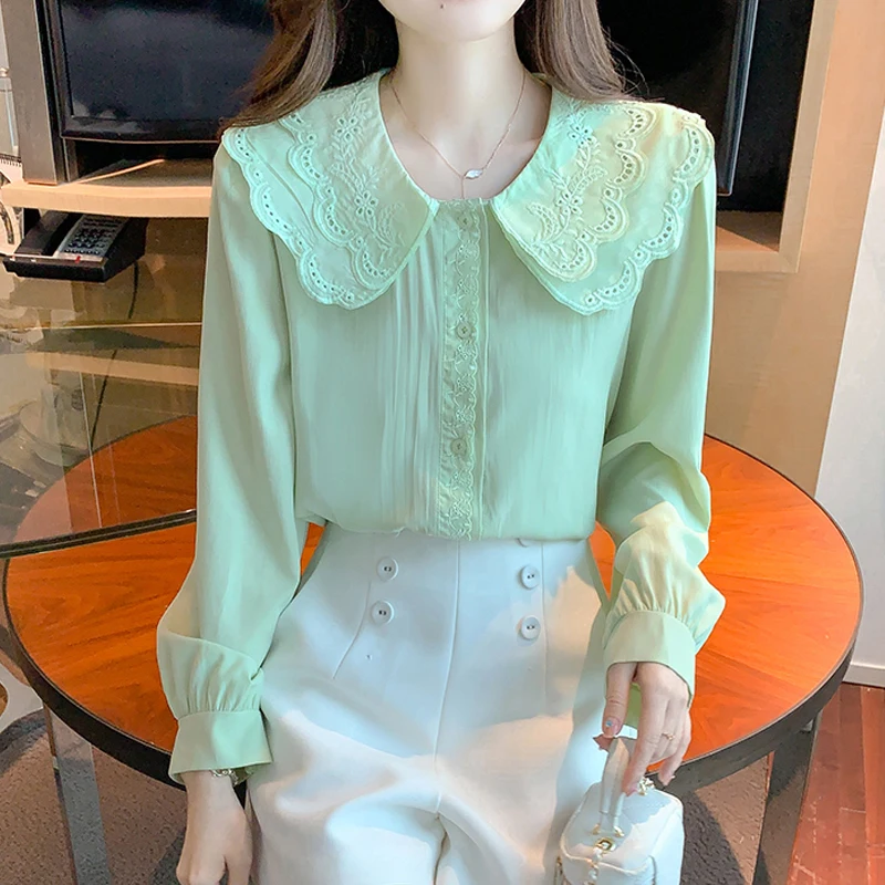 

Женская шифоновая блузка с длинным рукавом, Офисная ажурная рубашка в Корейском стиле с воротником «Питер Пэн» на пуговицах, 24473