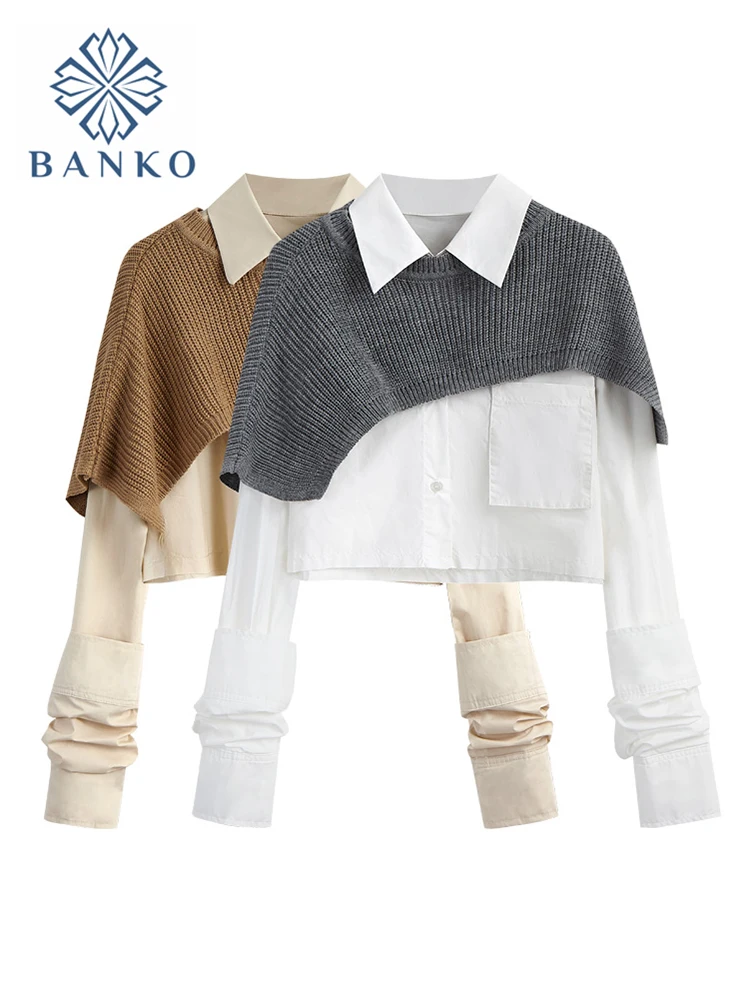 Autumn Fashion Women Two Pieces Sets Long Sleeve Short Blouse Shirt + Solid Knitted Pullover Crop Shawl Sweater Female Tops 
Autumn Fashion Women Two Pieces Sets Long Sleeve Short Blouse Shirt + Solid Knitted Pullover Crop Shawl Sweater Female Tops