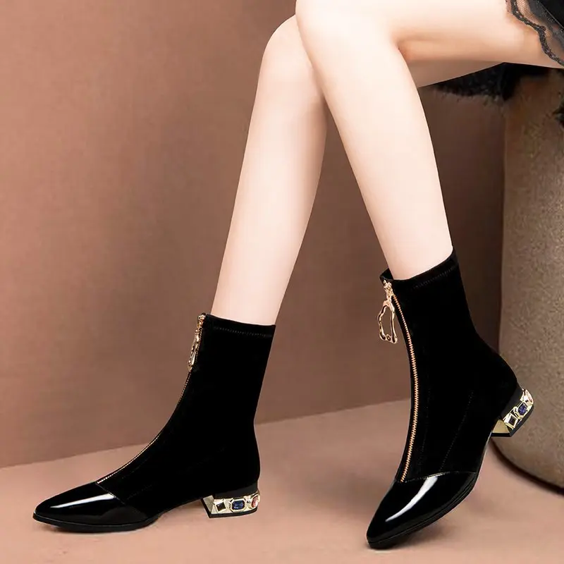 

Женские резиновые ботинки на молнии, дамские ботинки, женские ботильоны с острым носком и кристаллами, осенние зимние ботинки, 2022