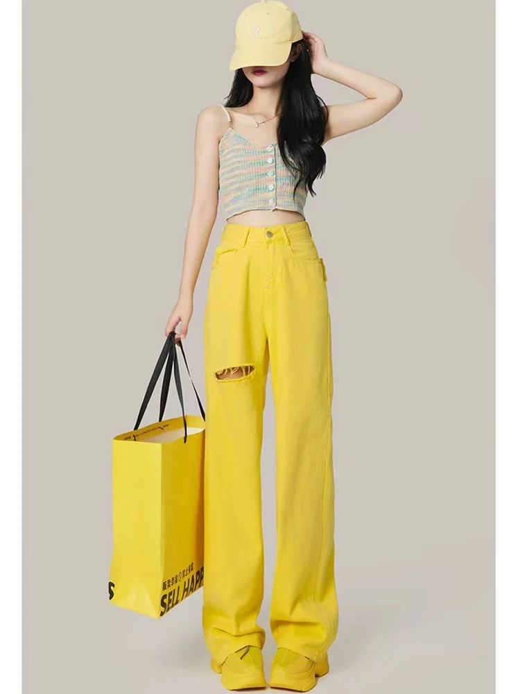 

Wide-leg Ripped Yellow Jeans Women's Summer Design High-waisted Straight-leg Loose And Thin Mopping Pants Denim Trousers Female