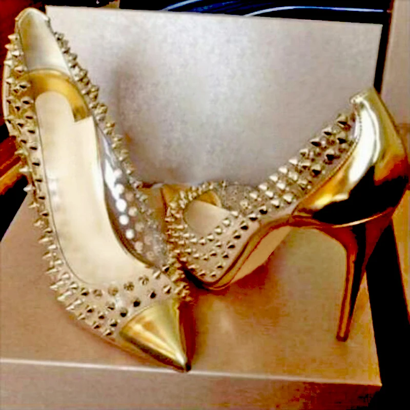 Gold Silver Rivets Studs Clear Patchwork Pumps Woman Patent Leather 12 cm High Heels Spikes Pvc Pointed Toe Banquet Dress Shoes
Gold Silver Rivets Studs Clear Patchwork Pumps Woman Patent Leather 12 cm High Heels Spikes Pvc Pointed Toe Banquet Dress Shoes